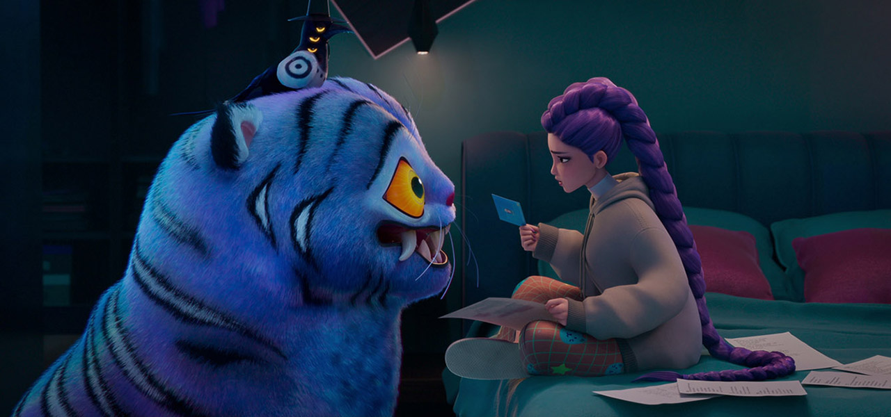 Une scène du film : dans sa chambre, l'héroïne est face au gros tigre sympathique qui vient de lui remettre une lettre